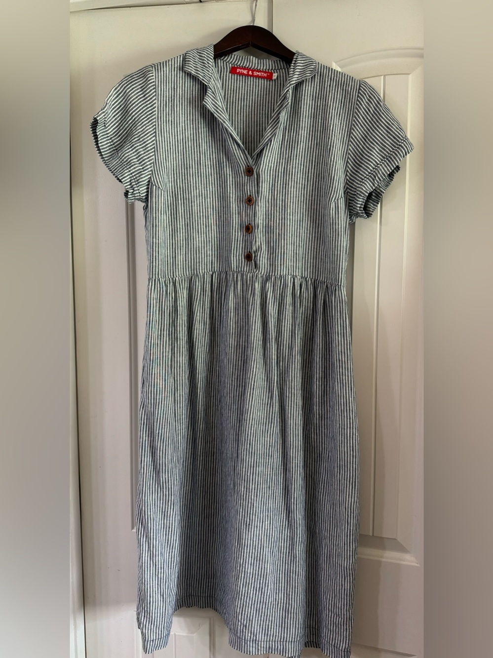 Pyne & Smith blue and white stripe collared linen dress with waist ties